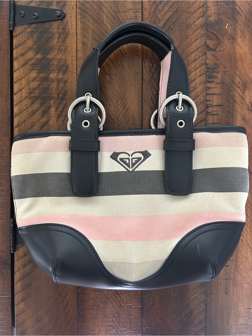 Y2K Roxy Striped Canvas Tote in Pink, Cream & Gray with Black Trim